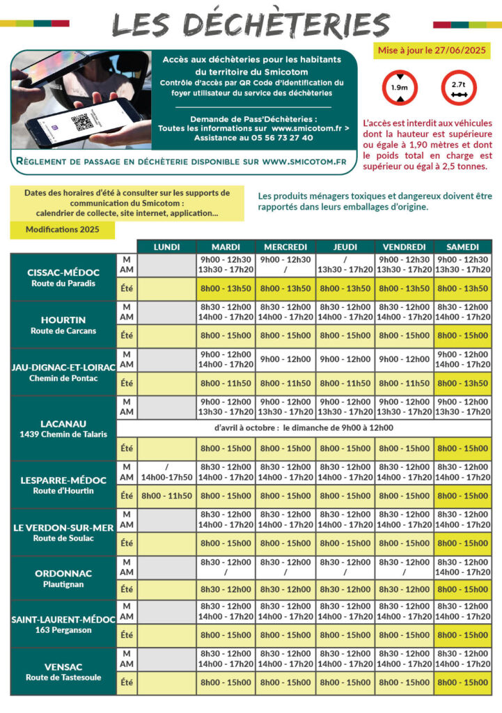 Decheteries horaires maj 2025 Déchèteries SMICOTOM 33